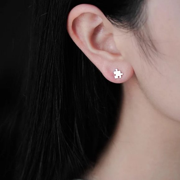 14k Gold Cute Puzzle Piece Stud Earrings Sterling Silver - Picture 5 of 8